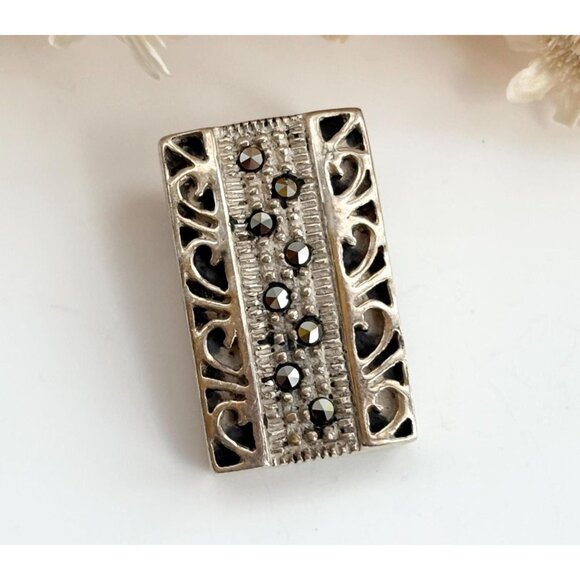 Art Deco Rectangular Marcasite Accented Sterling Silver 925 Vintage Pendant - Picture 1 of 10